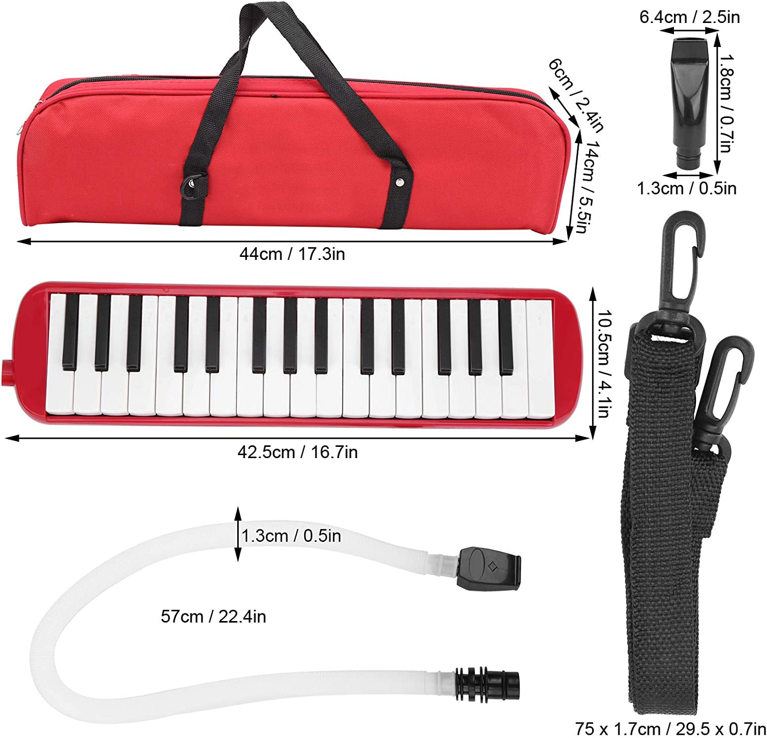 32 Key Melodica, Air Piano Keyboard Musical Instrument with Carrying Bag, Soft Blowpipe, Short Mouthpiece, Professional Mouth Melodica Keyboard for Kids Beginners Adults Gift (Red) image number 4