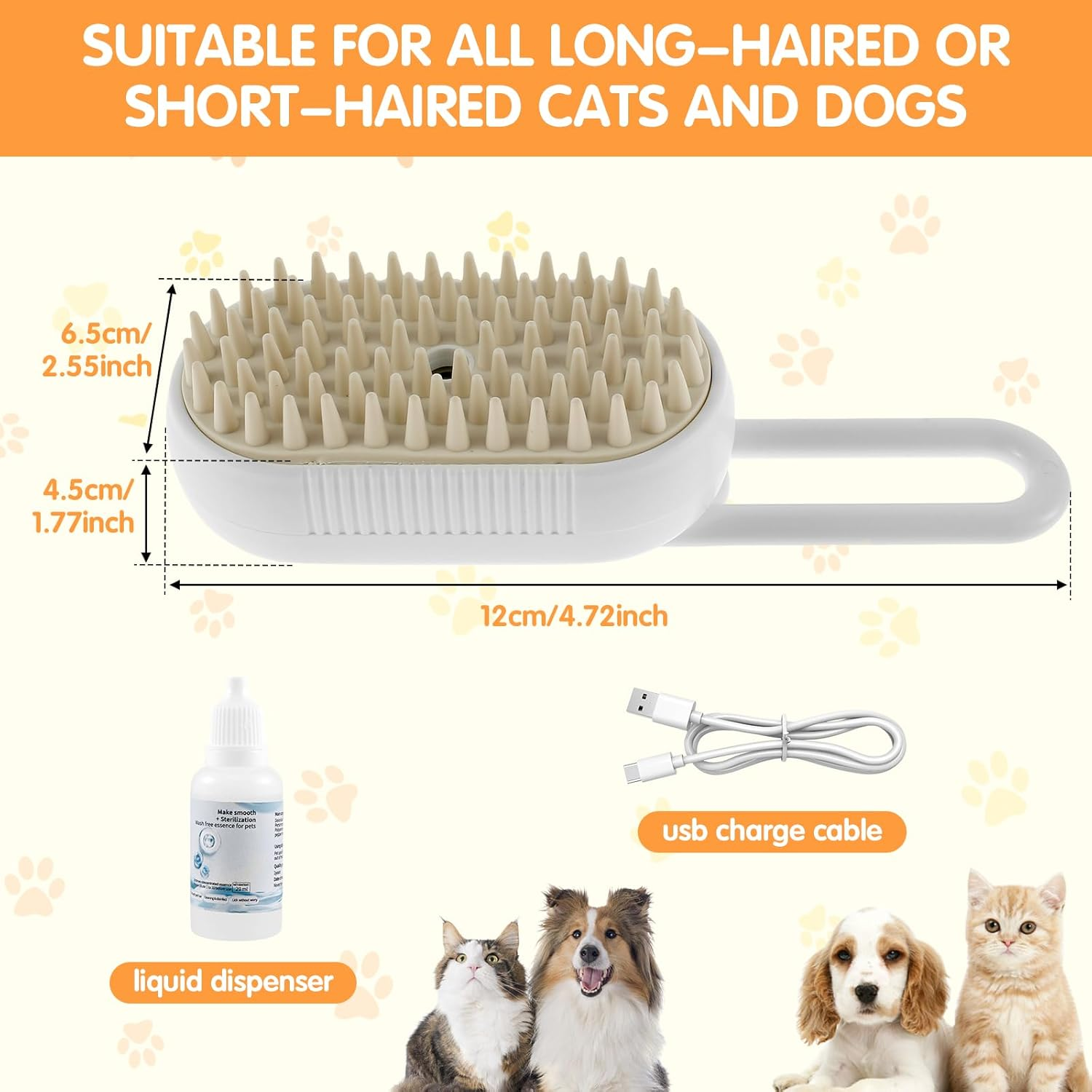 Fxvhojq Spray Cat Brush 150Mah Rechargeable Cat Steamy Brush with Water Tank and 20Ml Free Wash Liquid Cat Steam Brush Comfortable Cat Grooming Brush with Soft Silicone Comb Teeth for Massage (White) image number 1