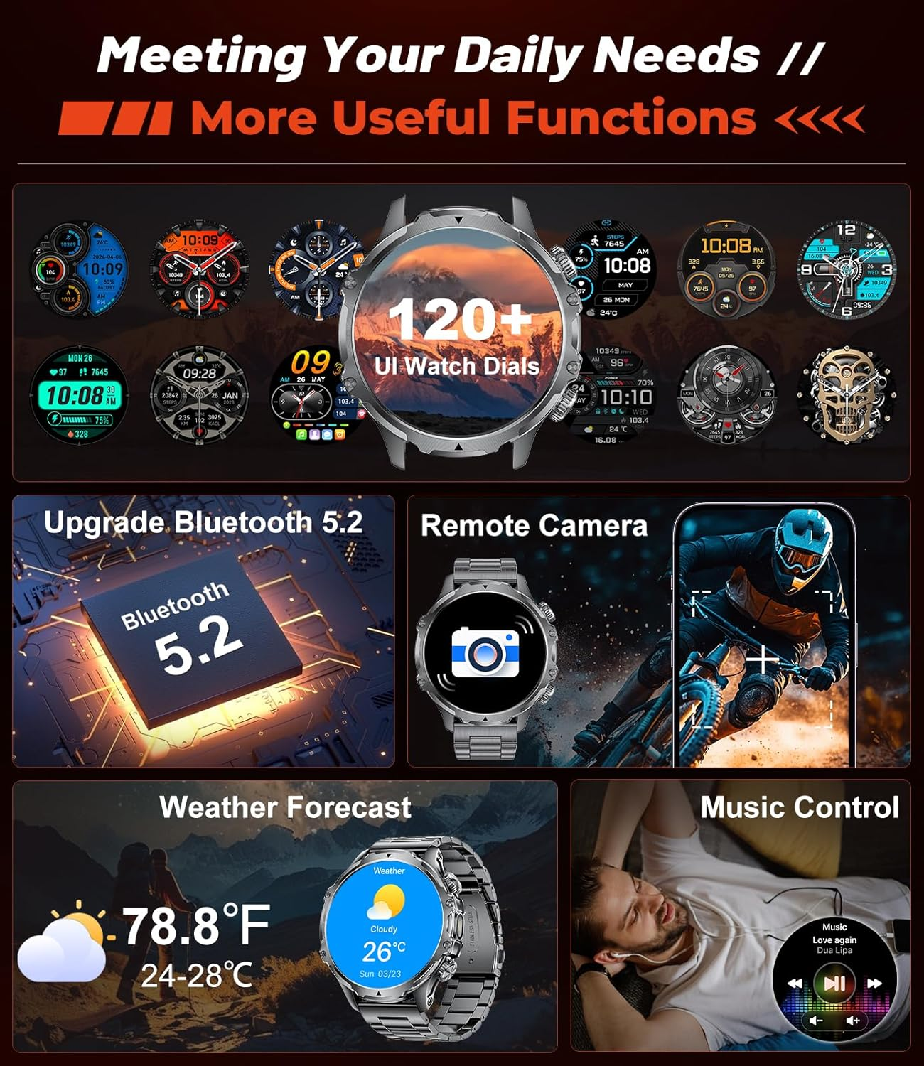 Military Smart Watch for Men (Answer/Make Calls),800Mah Large Battery,1.85" Big Screen Smartwatch with 100+Sport Modes Calories Pedometers Fitness Tracker Sports Watch,5Atm Waterproof for Ios Android image number 4