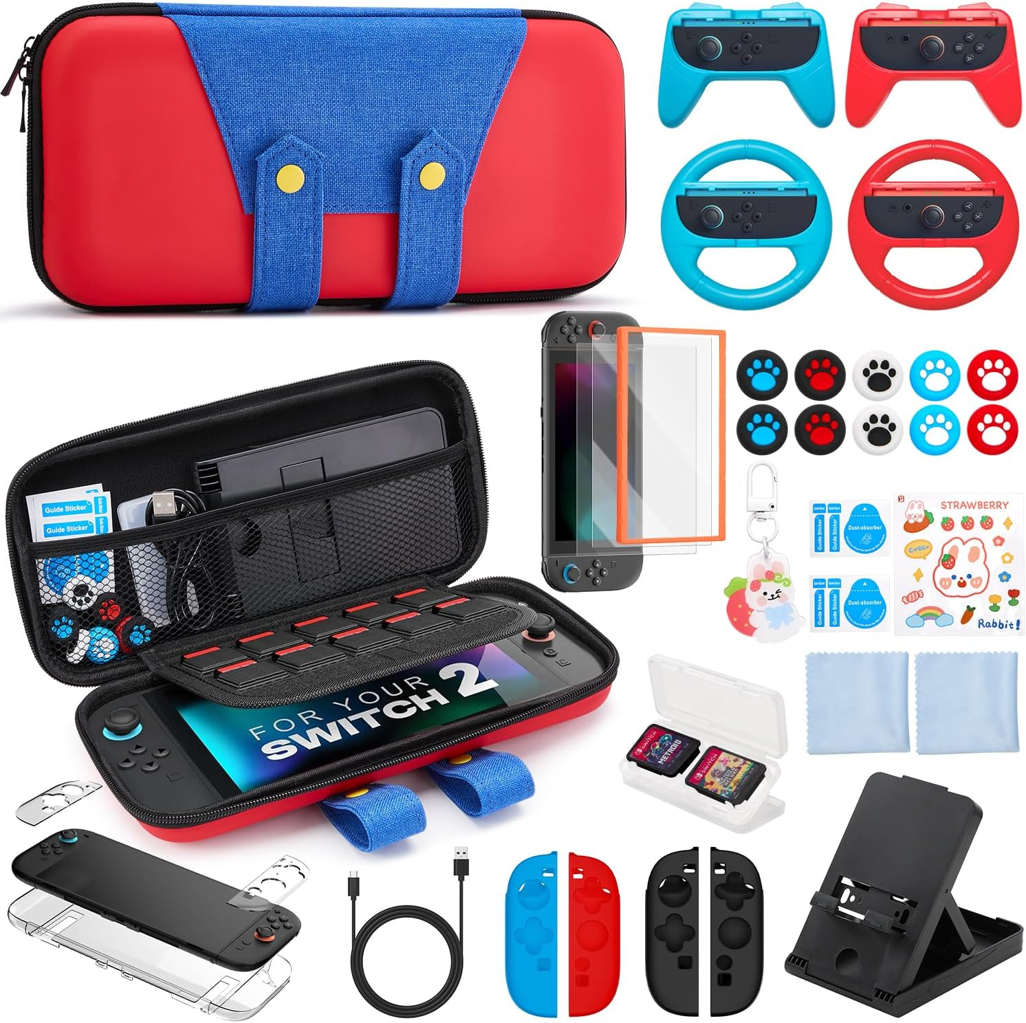 WOTOW Switch 2 Accessories Bundle Kit for Nintendo, Protective Carrying Case with Screen Protectors, Steering Wheels, Grips for Joy-Con2 and Console Protective Shells (Red + Blue) image number 3
