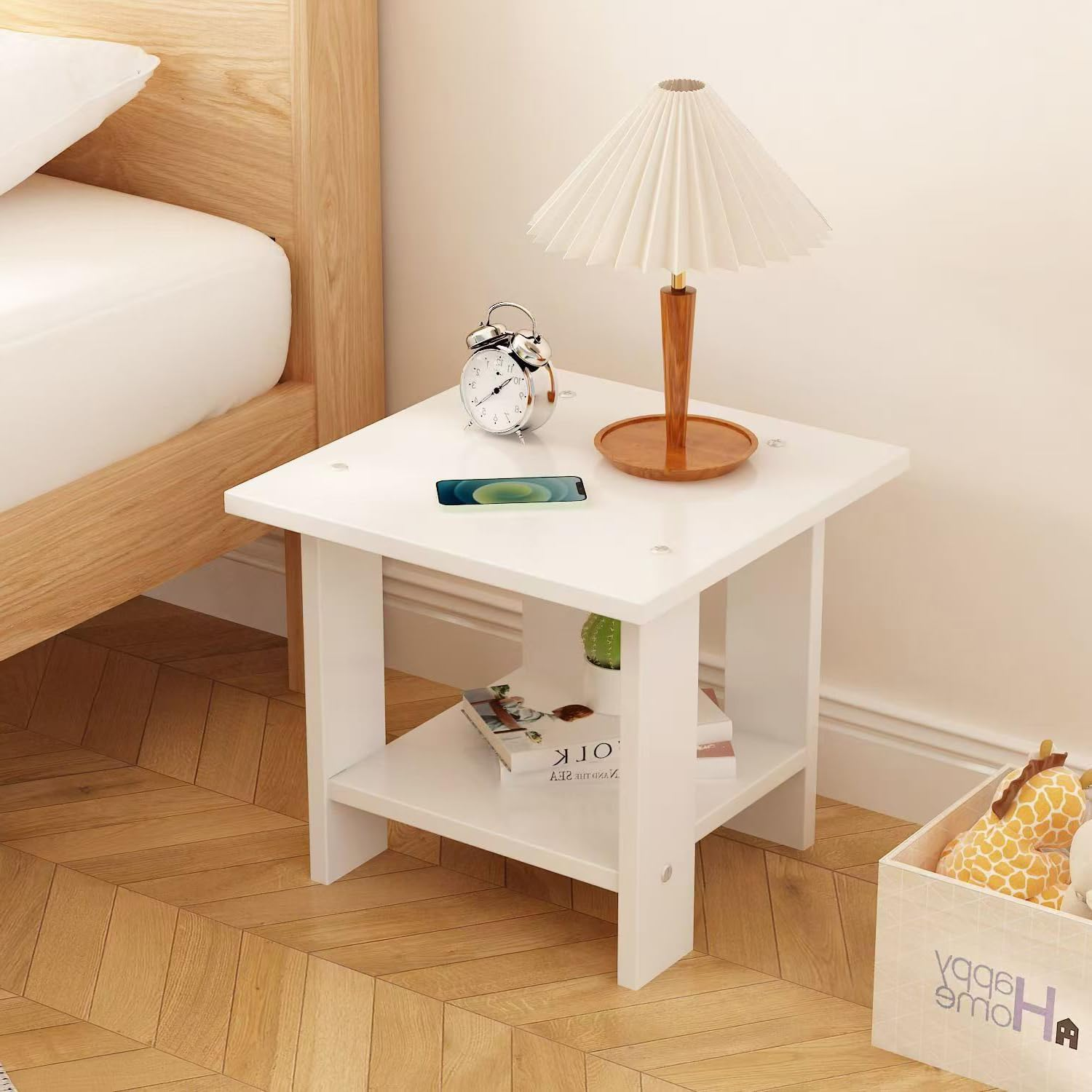 Hbluefat End Table, 19.68In Sofa Side Tea Table, 2-Tier Small Bed Side Table, Wooden Square Low Table for Small Space, Living Room, Bedroom (Grey) - White