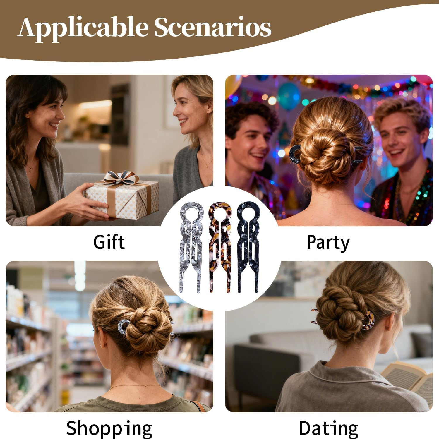 3 Pcs Hair Pins, Prestige U-Shaped French Hairpins for Women Buns Thick Fine Long Curls Styling Accessories image number 3