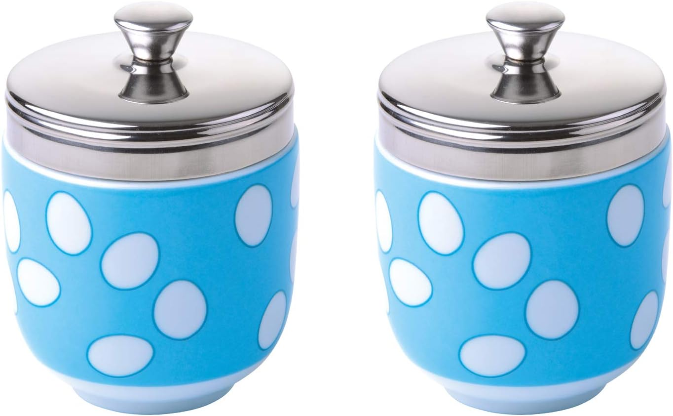 BIA International - Porcelain Egg Coddler - Set of 2 Multi-Coloured Porcelain Egg Poachers with Raining Eggs Design by Artist Clare Mackie, Kitchen Egg Boiler and Multi Cooker, Gift Boxed Packaged