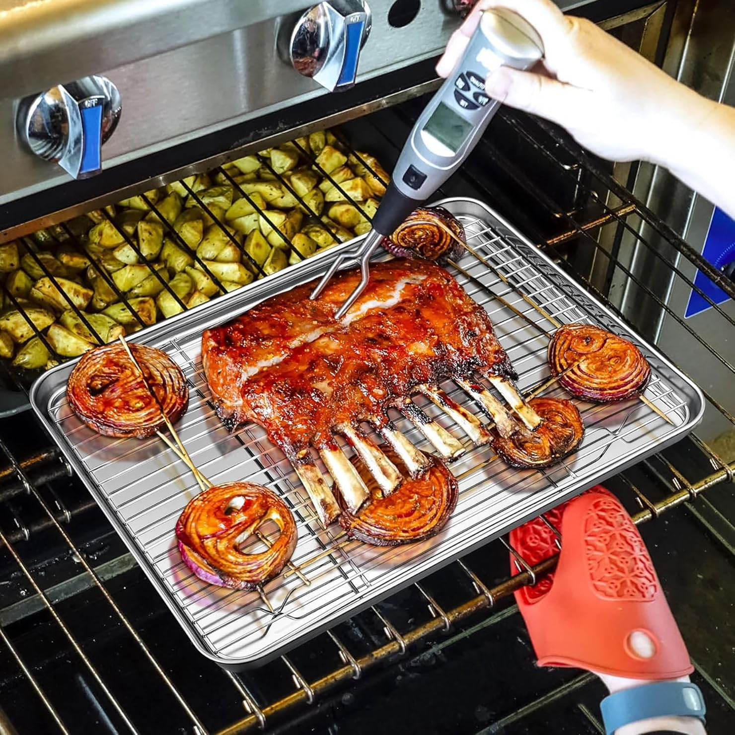 Baking Tray with Wire Rack Set, Stainless Steel Cake Pan Cookie Sheet Rectangle Bakeware Set with Cooling Rack for Oven, Healthy & Heavy Duty, Sturdy & Dishwasher Safe(2 Pans + 2 Racks) image number 4