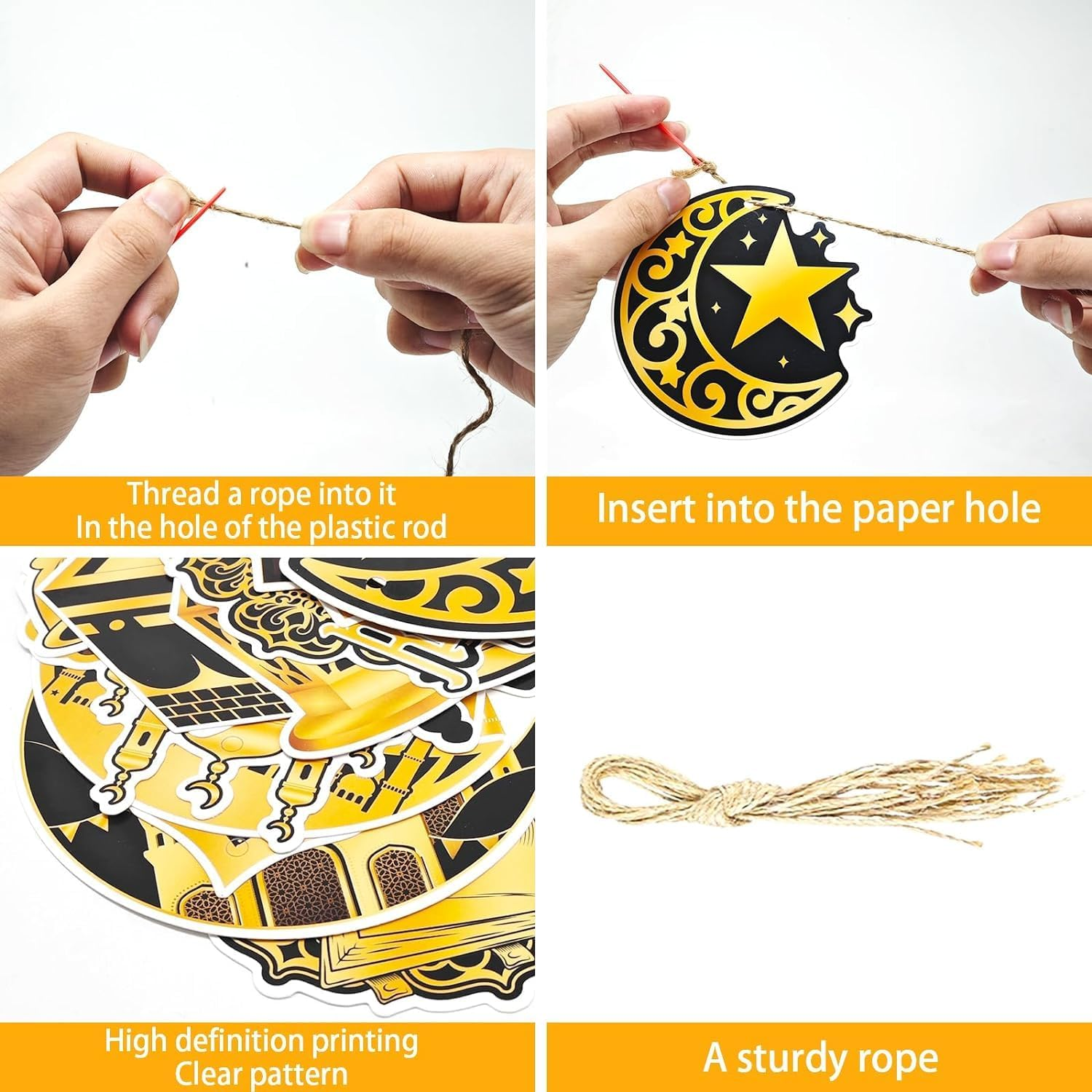 Ramadan Mubarak Garland - Eid Decorations, Hanging Ornaments with Shining Black Gold Star Moon Lantern for Home Decor, Kareem, Al-Fitr Party Supplies