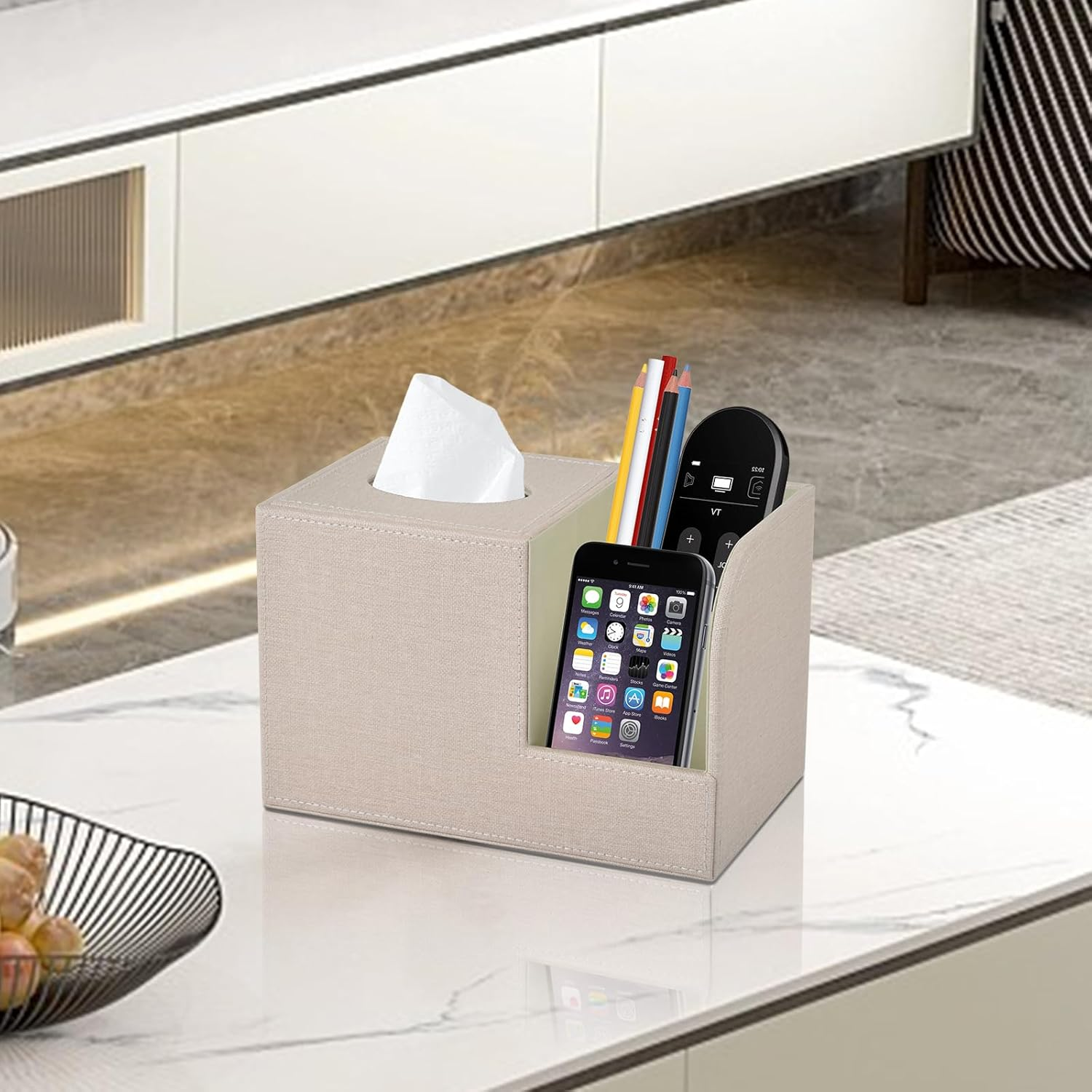 XNONE PU Leather Square Tissue Box Cover,Multifunctional Tissue Box Holder,Tissue Box with Storage,Tissue and Remote Control Holder,Tissue Box Decorative Desk Organizer for Home&Office,Beige