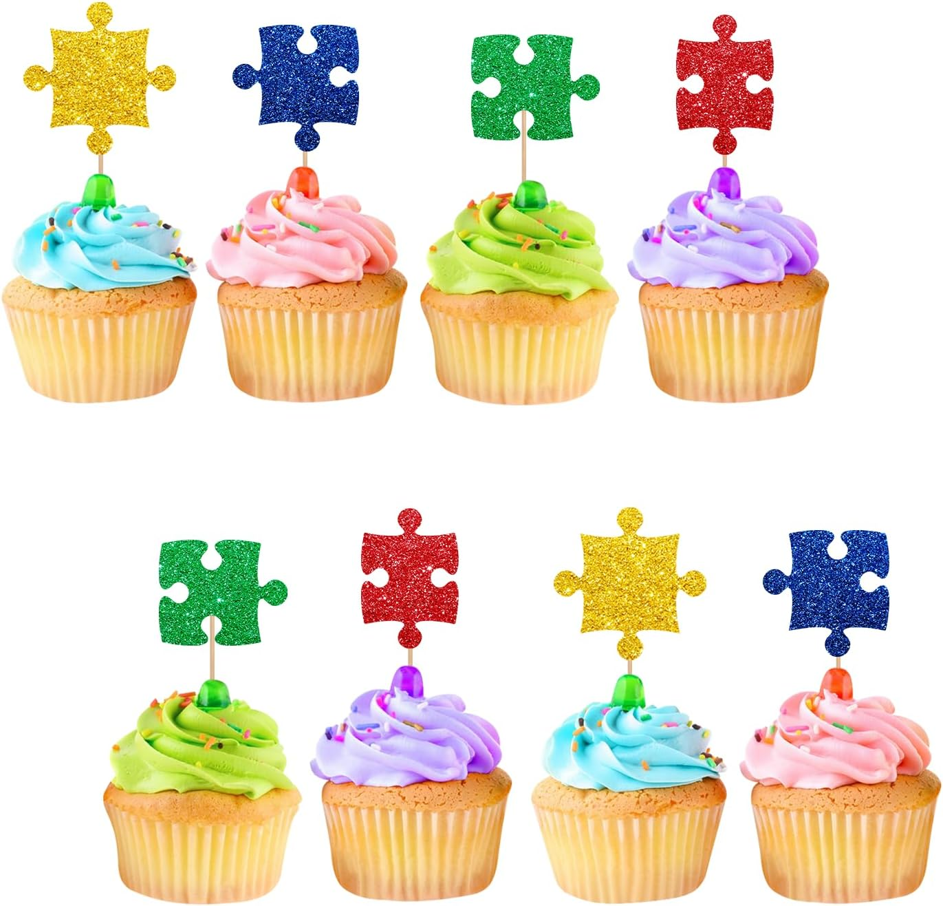 24Pcs Puzzle Cupcake Toppers, Primary Colored Puzzle Cupcake Toppers, Colorful Glitter Puzzle Cake Decoration for Baby Shower, Kids Birthday/Autism Themed Party Supplies image number 3