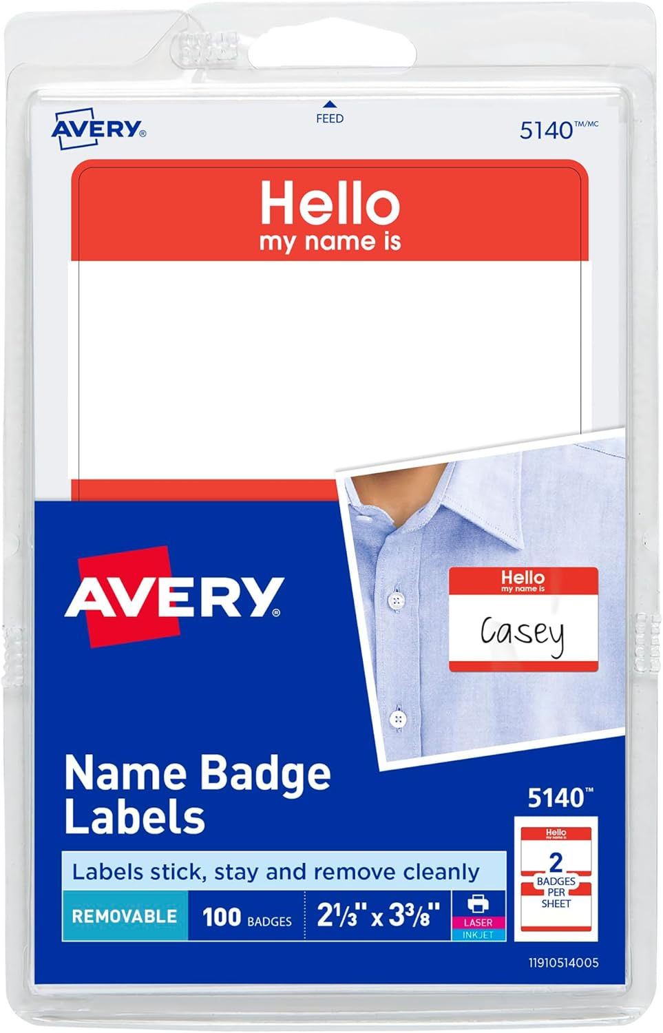 Avery Hello My Name Is Name Tags, White with Red Border, 100 Removable Name Badges (05140) - 2-1/3" X 3-3/8", White image number 1