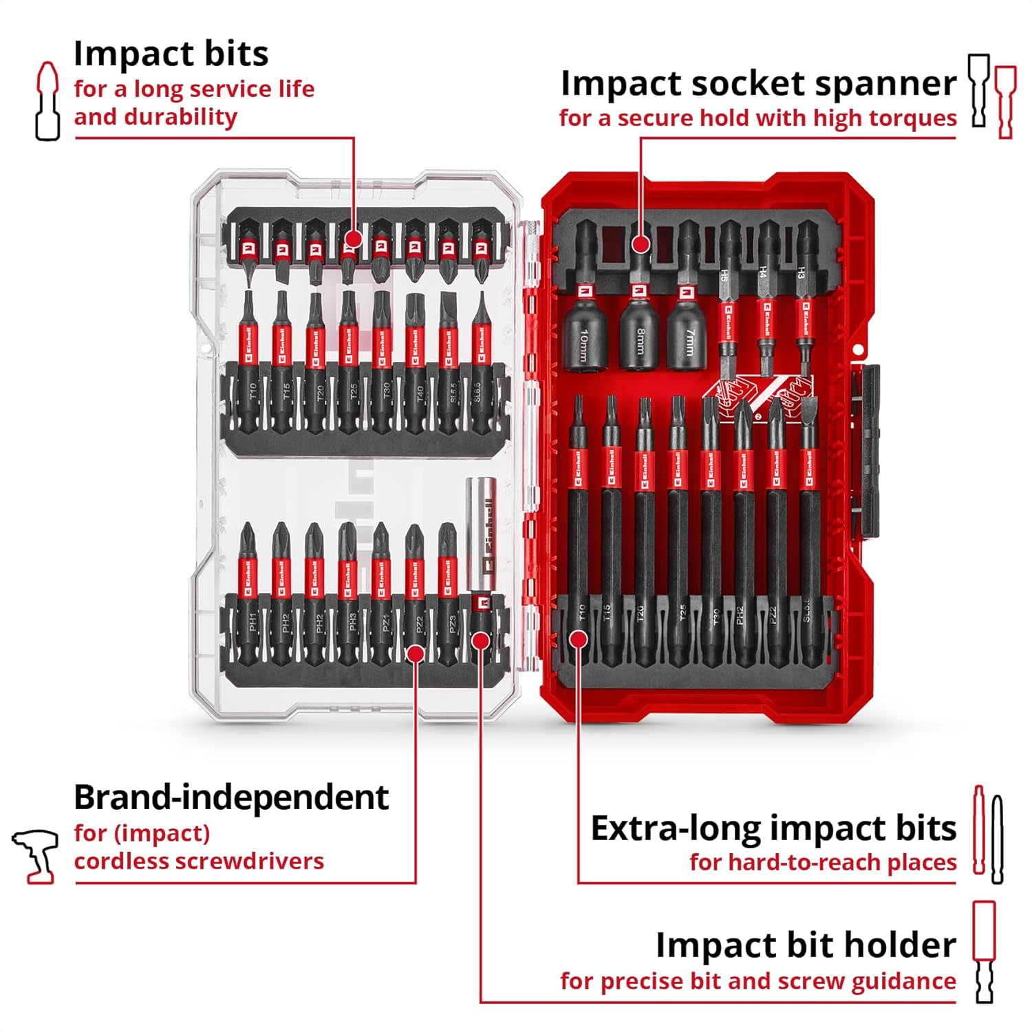 Einhell M-CASE 38-Piece Impact Bit Set (25 Mm Bits, 50 Mm Bits, 90 Mm Bits, Hex Sockets, 60 Mm Bit Holder with Storage Box) image number 4