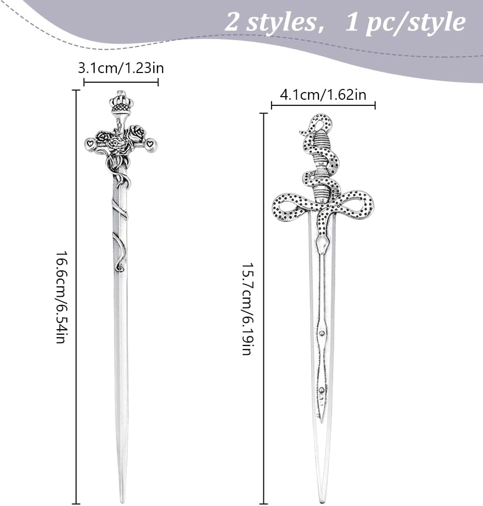 WEBEEDY 2 Styles Sword Hair Sticks Silver Rose Sword Hairpin and Snake Sword Hairpin Fashion Women Hair Pins for Buns Alloy Hair Chopsticks for Long Hair Accessories Valentine'S Day Mother'S Day Gifts image number 1