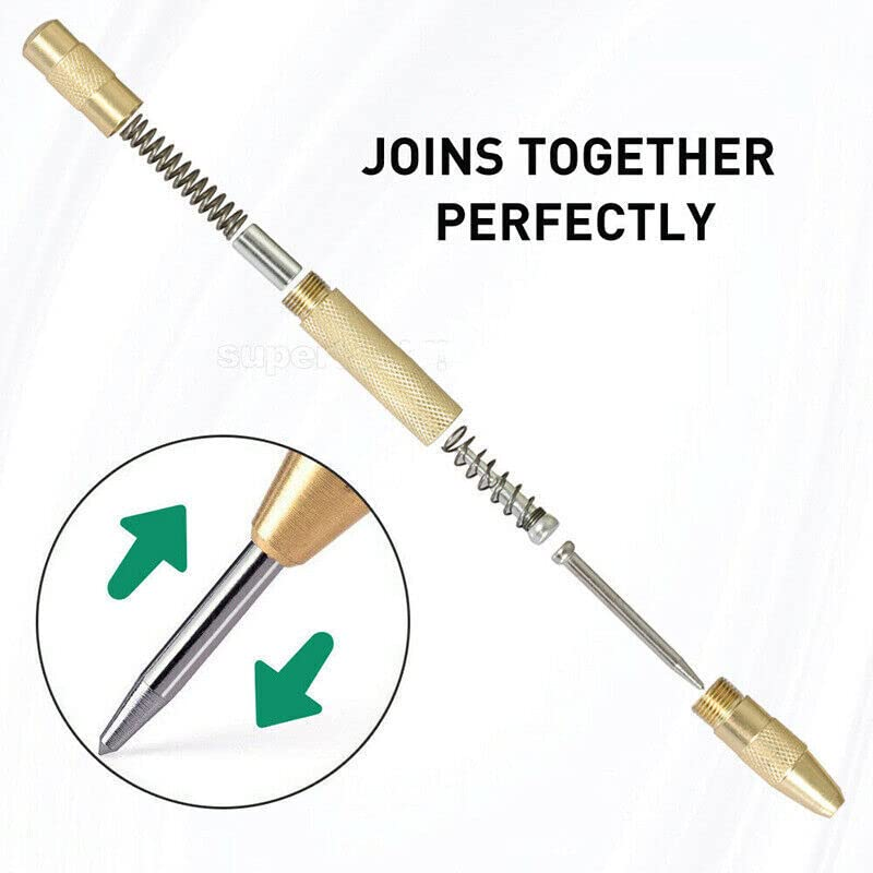 AIMALL 5.12-Inch Heavy Duty Automatic Center Punch Tool, Brass Bodied Spring-Loaded Auto Punch, Hand Tool for Wood and Thin Metal, No Hammer Needed, Adjustable Pressure