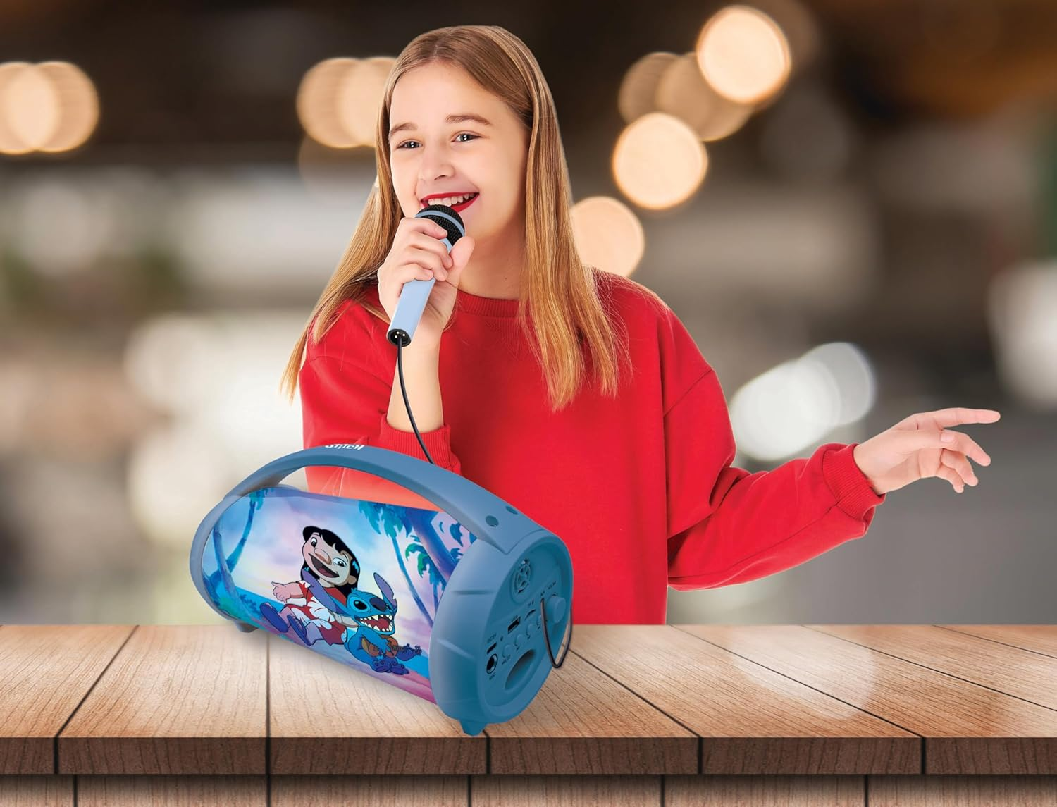 LEXIBOOK - Disney Stitch - Wireless Light Speaker with Microphone, Stereo Sound, Karaoke Function, USB and SD Card Ports, Rechargeable Battery, Handle to Carry Everywhere, Blue, BTP585DZ