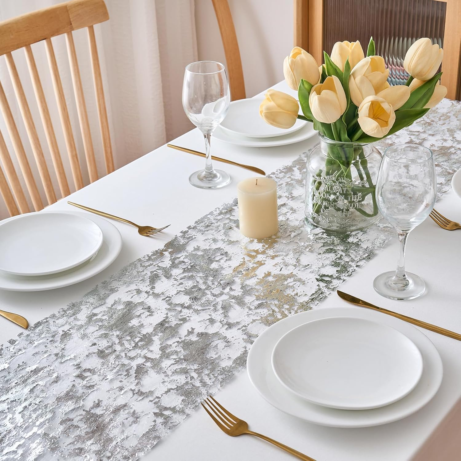 CHUQING Silver Table Runner 11X394 Inches,Glitter Silver Mesh Table Runner Roll,Silver Centerpiece Table Decorations for Birthday Wedding Party Baby Shower Graduation Christmas image number 2