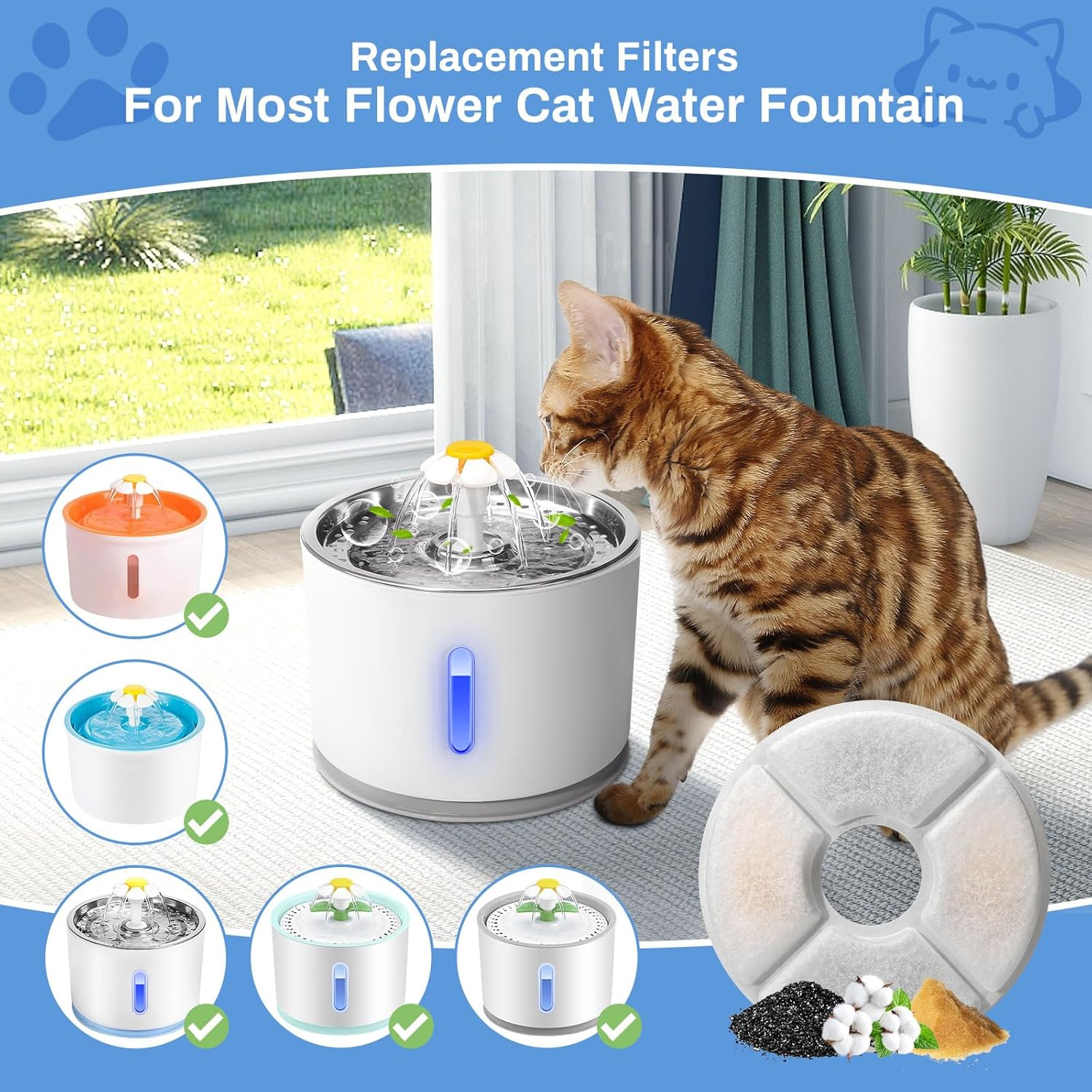 Pack of 6 Cat Fountain Replacement Filters, Feriva Replacement Filter for 2.0-2.5 L Flowers Cat Fountain, Triple Action Pet Water Fountain Filter, Replacement Filter for Drinking Fountain Cats (12.7