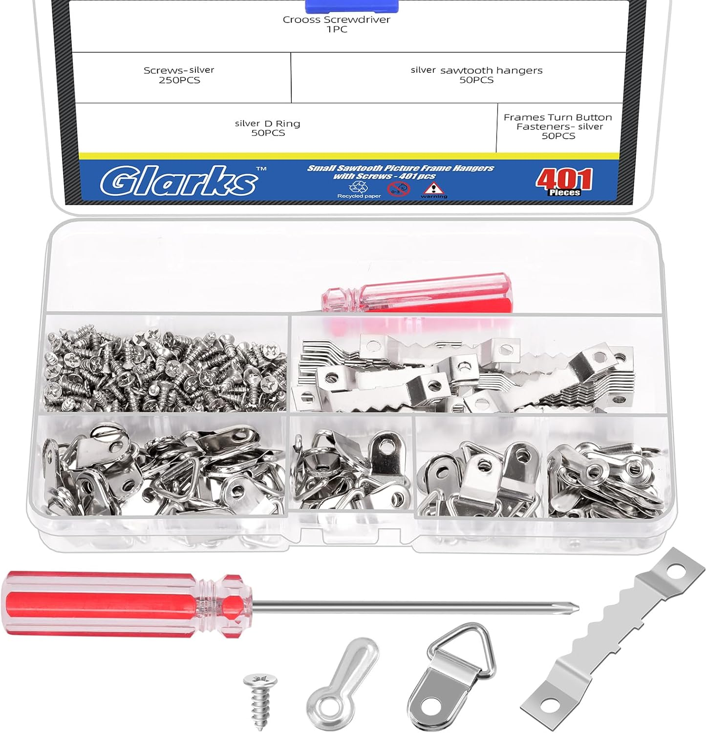 Glarks 401Pcs Silver Picture Hanging Kit, Include 50Pcs Sawtooth Picture Frame Hangers, 50Pcs Frame Turn Buttons, 50Pcs D Ring Picture Hangers, 250Pcs Screws and 1Pcs Screwdriver for Hanging Photo image number 6