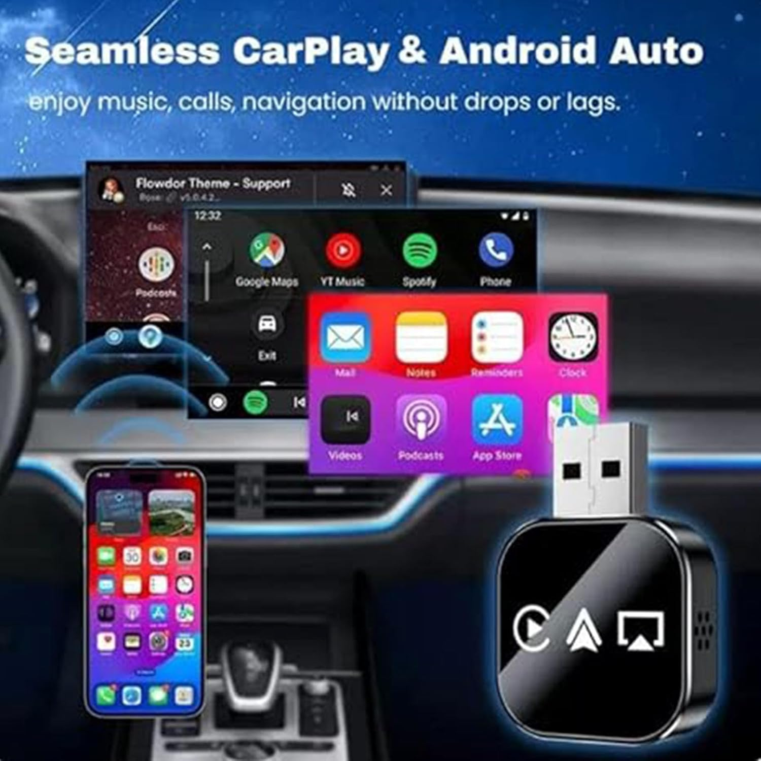 Kivont 3 in 1 Adapter, 2026 Upgrade Mini Wireless Car-Play Adapter, Kivont 3 in 1Car Adapters, Plug and Play Car Adapters, for Car Play (Black,Apple) image number 6