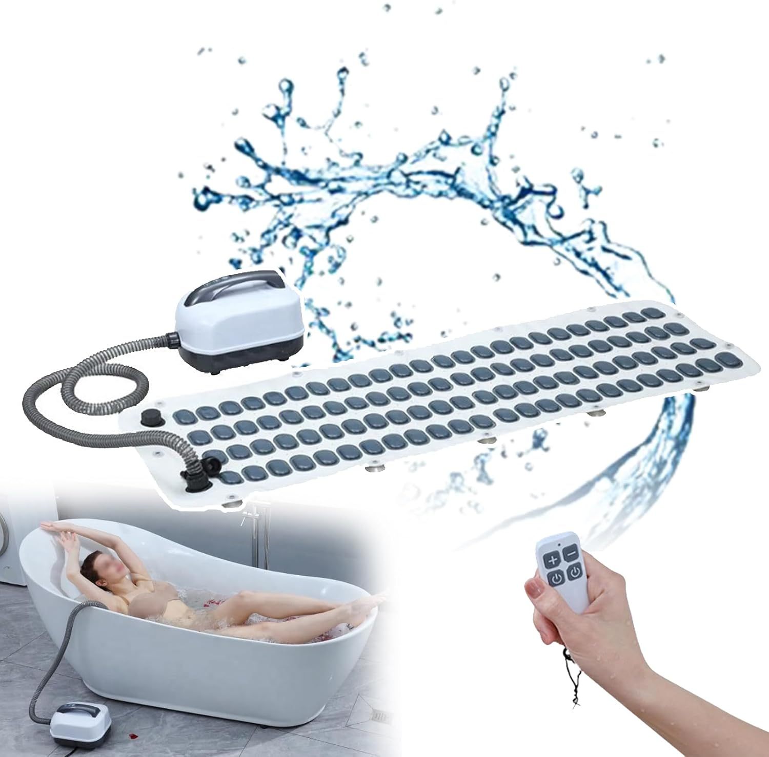Home Surfing Massage Bath Mat, Non-Slip Bath Mat, 6-Speed Adjustment, with Inflatable Pillow + Remote, Release Tense Muscles, off Automatically, for Most Bathtubs,White image number 4