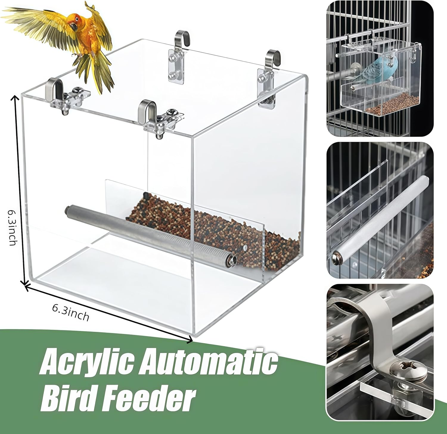 Acrylic Bird Feeder, Large Transparent Leak Proof Food Dispenser, Designed for Birdcages without Mess, Equipped with Stainless Steel Hooks, Suitable for Birds Such as Parrots, Canaries image number 5