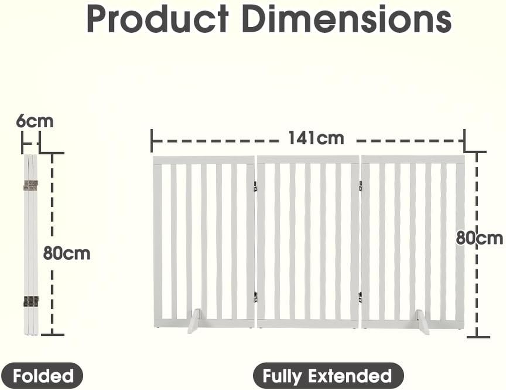 Petzly Foldable Dog Gate with Support Feet, Freestanding Pet Gate for Puppy Small Medium Dogs, Dog Fence for House Stairs Doorway Bedrooms, No Drill Pet Barrier, 3 Panels Fence, White - 141CM X 80CM image number 3