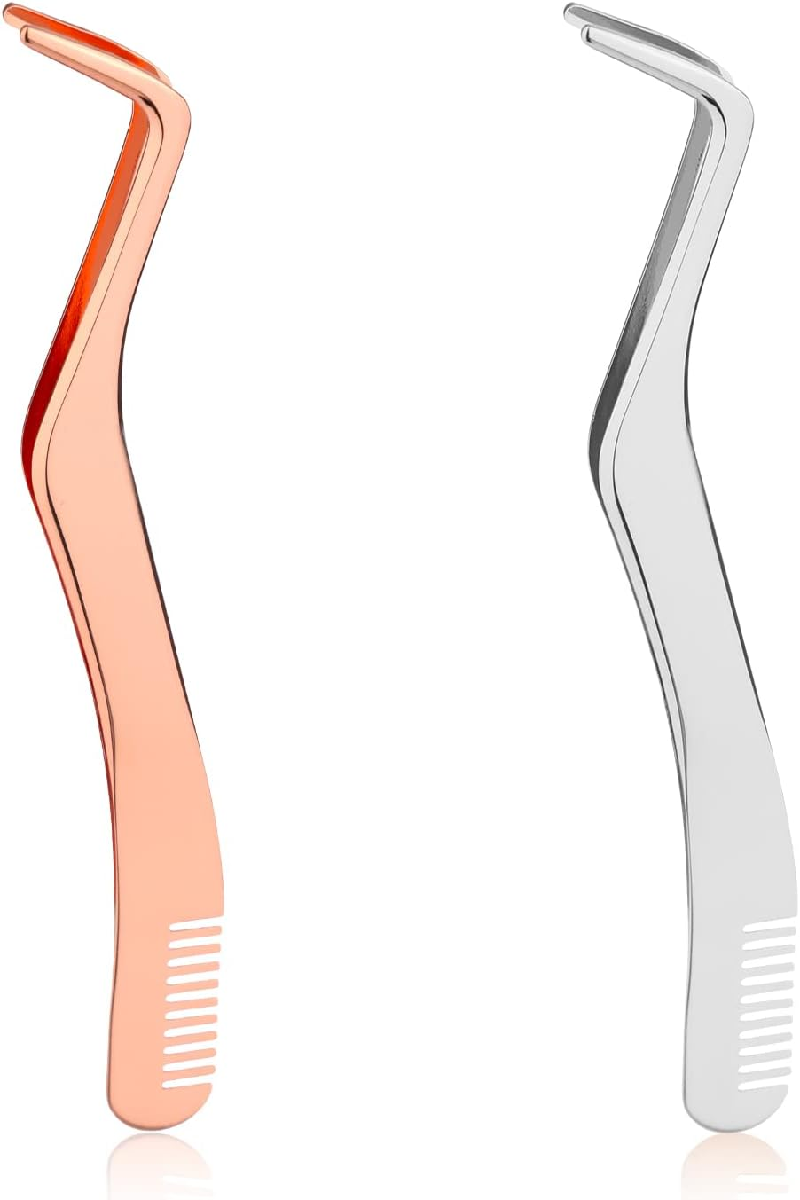 2Pcs Lash Tweezers Set, Stainless Steel Upgraded 2 in 1 Lash Extension Tweezers with Comb Eyelash Applicator for Volume Isolation Classic Lashes Smeared False Lashes (Rose Gold, Silver)