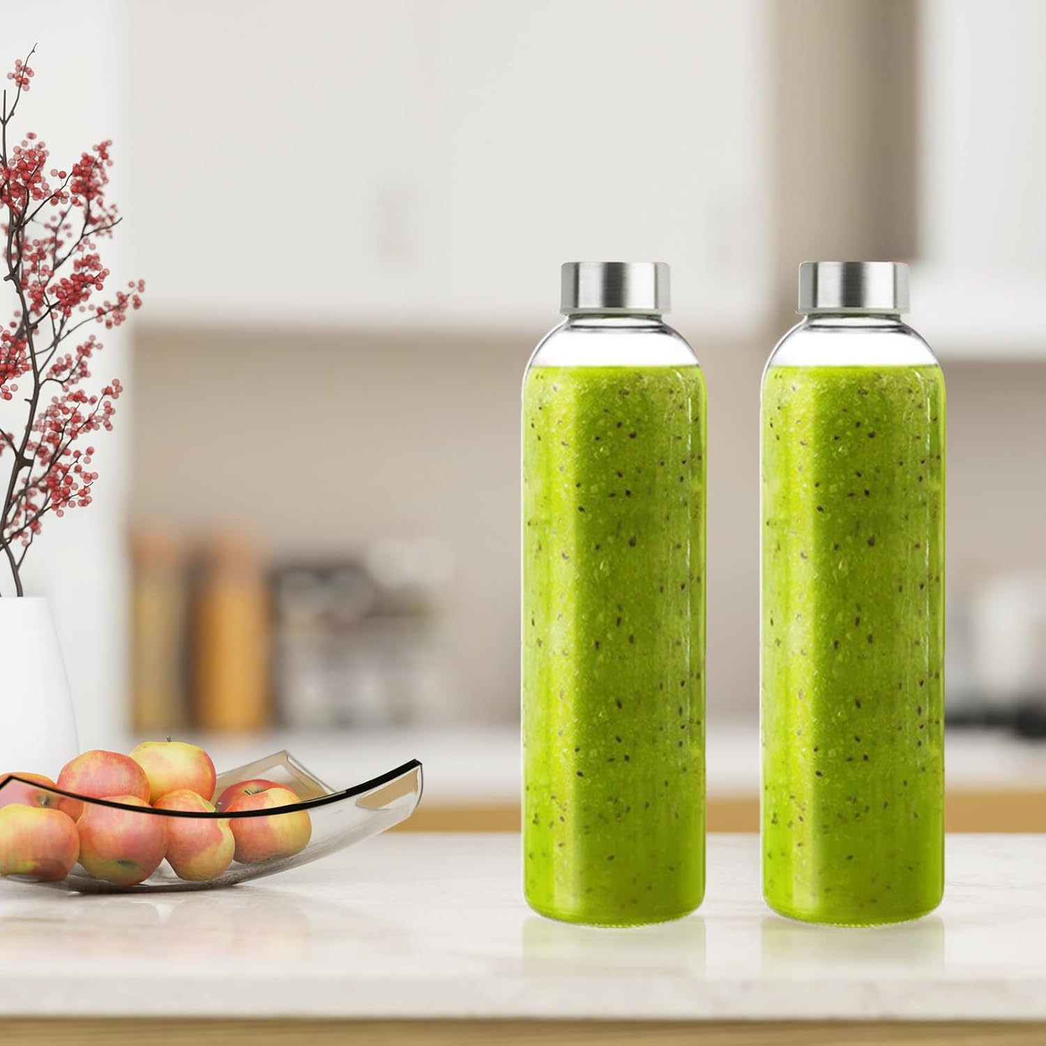 6 Pcs Glass Water Bottle Set,18Oz/500Ml Clear Glass Drink Bottles with Stainless Steel Lids Reusable Leak Proof Drinking Bottles for Home, Office, Gym & Outdoors