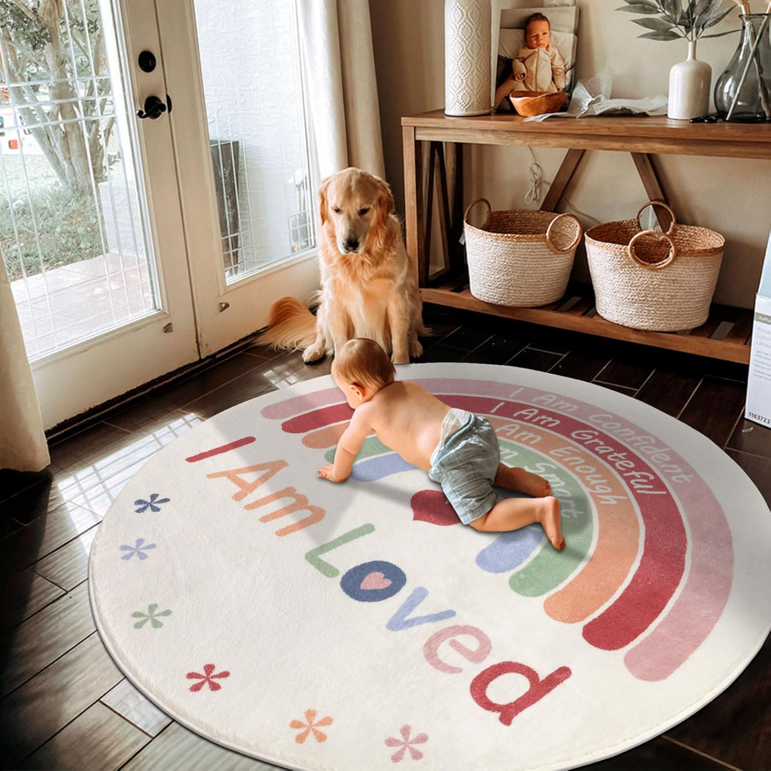 Topotdor Boho Rainbow round Rug,Washable Kids Rug Ultra Soft Colorful Nursery Rug for Calming Corner Home Bedroom Playroom Decor,47" Round image number 1