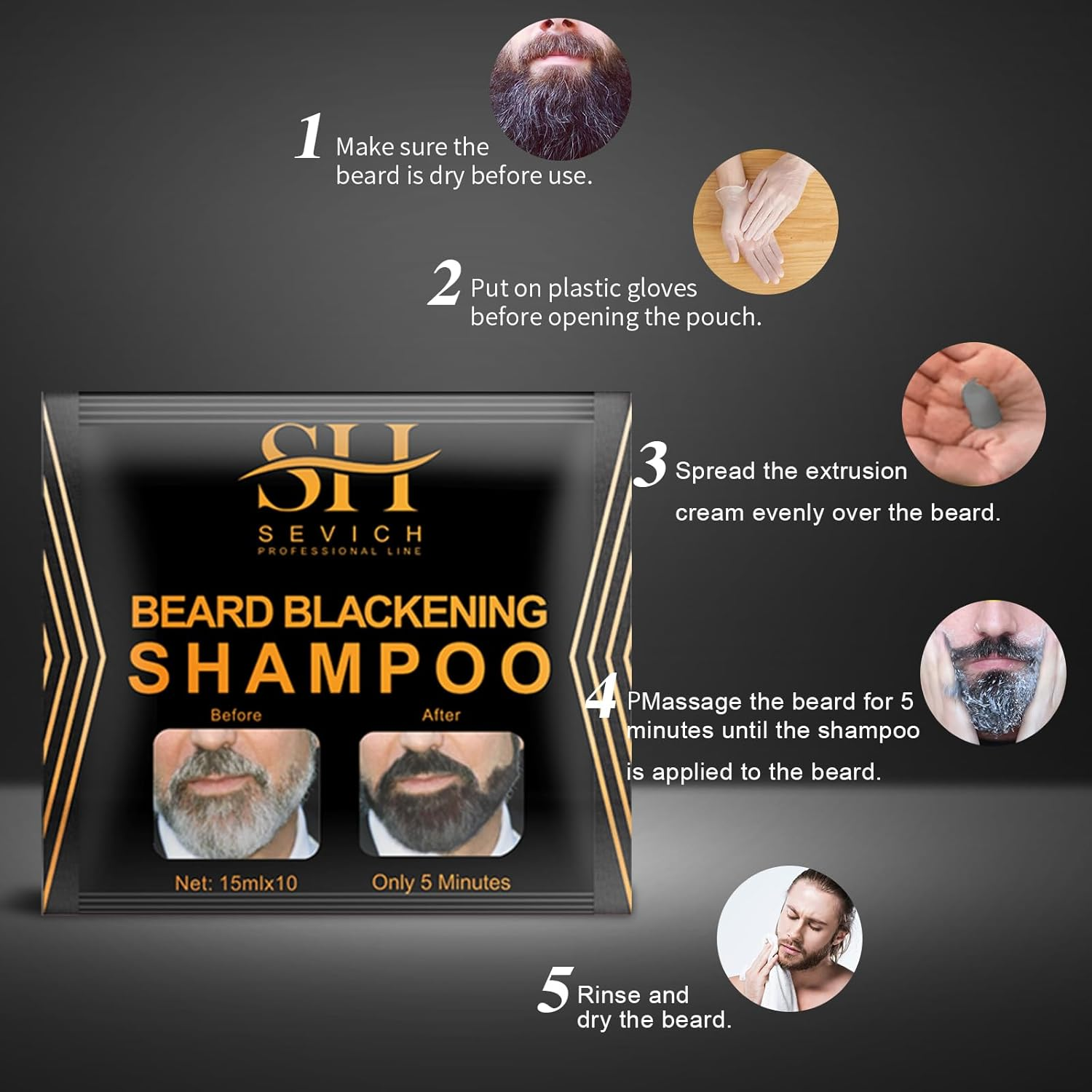 SEVICH Beard Blackening Shampoo for Men - Instant Natural Black Color, Anti-Hair Loss Formula, 10X15Ml Travel-Friendly Packets | Safe & Gentle Beard Dye with Nourishing Care image number 4