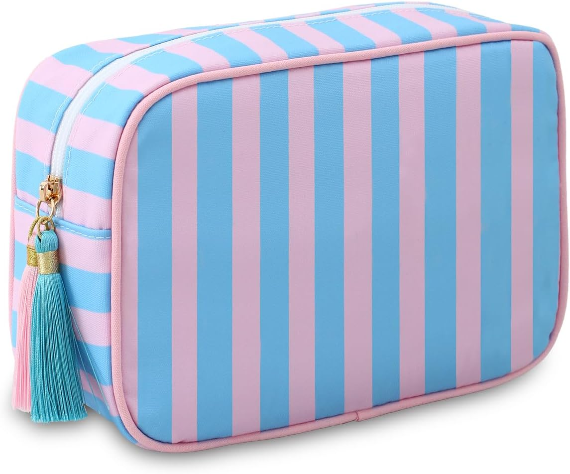 EMBRUNIOICE Stripe Makeup Bag Travel Cosmetic Bag Organizer Tassel Toiletry Bag Large Canvas Zipper Pouch and Accessories Storage Bag for Women, Red& Pink