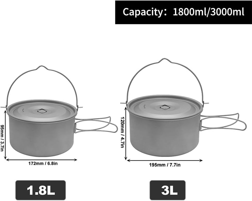 1.8L/3L Titanium Pot Light Hanging Pot with Lid and Foldable Handle Outdoor Camping Hiking Backpacking Picnic image number 2