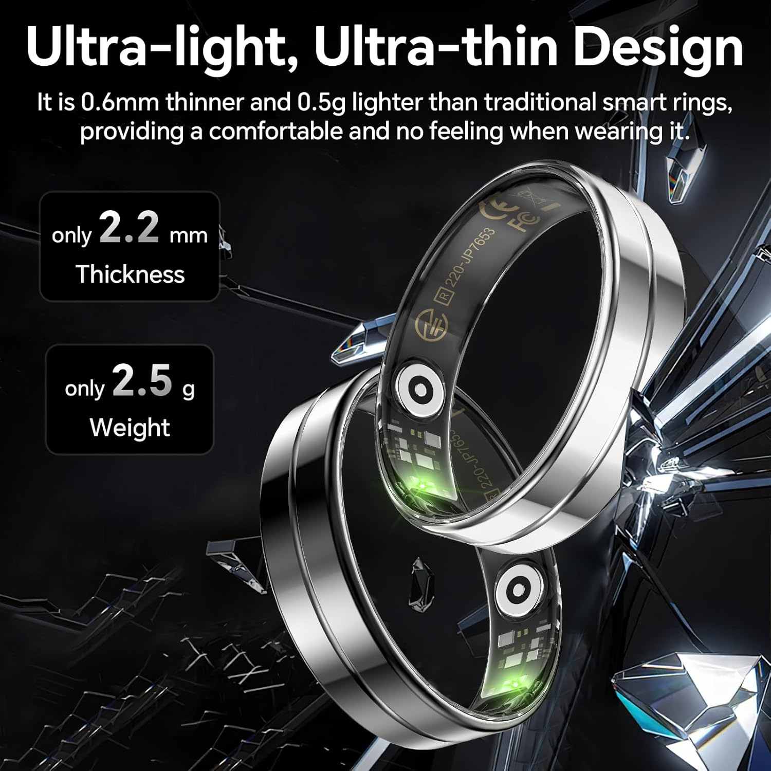 2025 New Ultra-Thin Smart Ring, 24/7 Automatically Tracks Heart Rate, Blood Oxygen, Sleep, Body Temperature, Health Tracker for Men and Women, No Subscription Fee, Android & Ios (Silver Size 12) image number 2