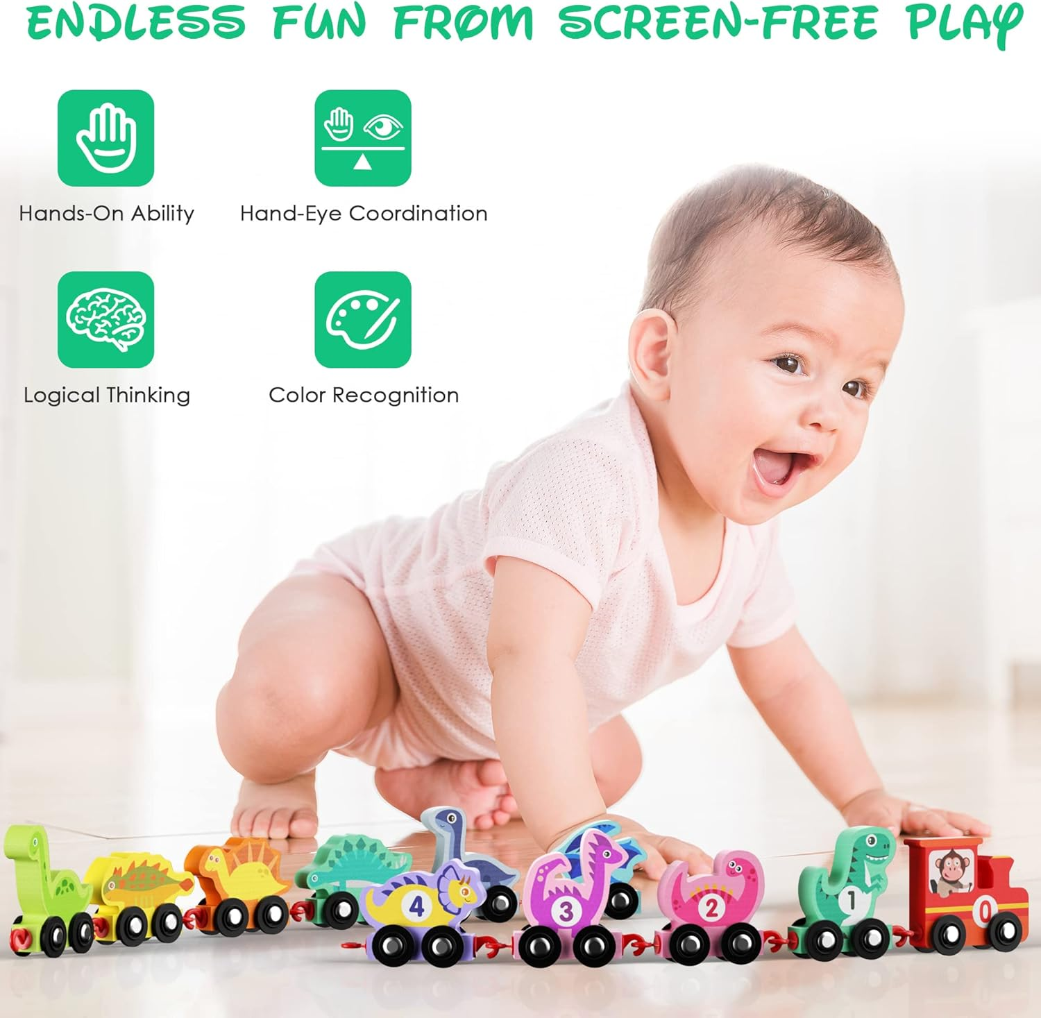 Dinosaur Toys for Toddlers Age 2-4, Wooden Dinosaur Train Set with Playmat/Storage Bag, Montessori Educational Toys for 2+ Years Old Boys & Girls