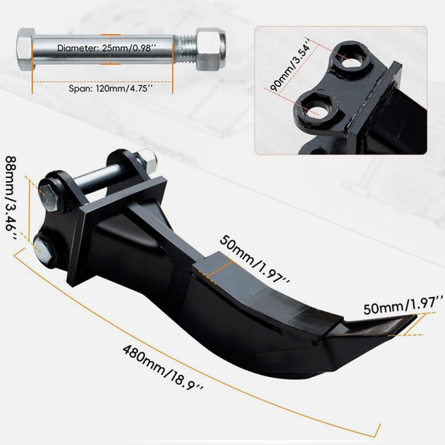 Jiawu Mini Excavator Attachments Ripper, Single Hook Backhoe Scarifier, Hook Ripper Teeth for 1-1.5 Ton Mini Excavators, 3.54" Span, 3.46" Center Wheelbase, 0.98" Pin Hole image number 6