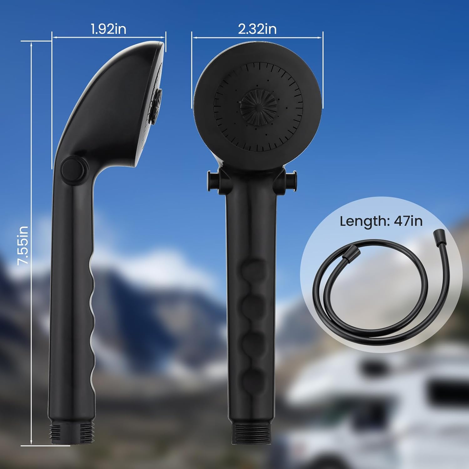 RV Shower Head with Hose, RV outside Shower Parts with Pause Function, Outdoor Shower Replacement for RV, Camper, Van, Travel Trailer, Motorhome and Boat (Black) - White image number 2