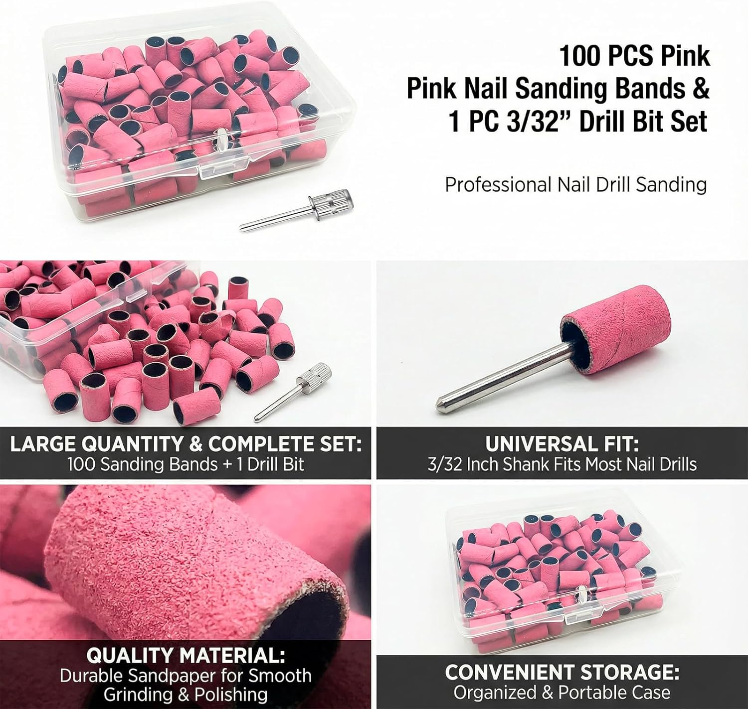 BGENHPON Sanding Bands for Nail Drill 100Pcs 180 Grit Nail Sanding Band Pink with 2 Pieces 3/32 Inch Nail Drill Bits and Box for Beauty Salon Accessories Manicure and Pedicure Tools