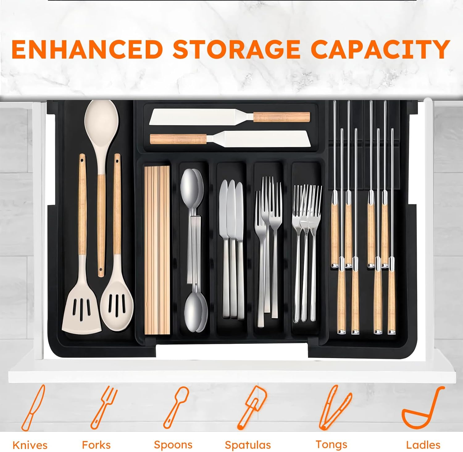 Larger Cutlery Drawer Organiser, Expandable Utensil Drawer Organiser with 9 Compartments, 3-Sided Cutlery Organiser, Adjustable Cutlery and Flatware Tray, Non-Slip, Large for Spoons, Forks and Knives image number 6