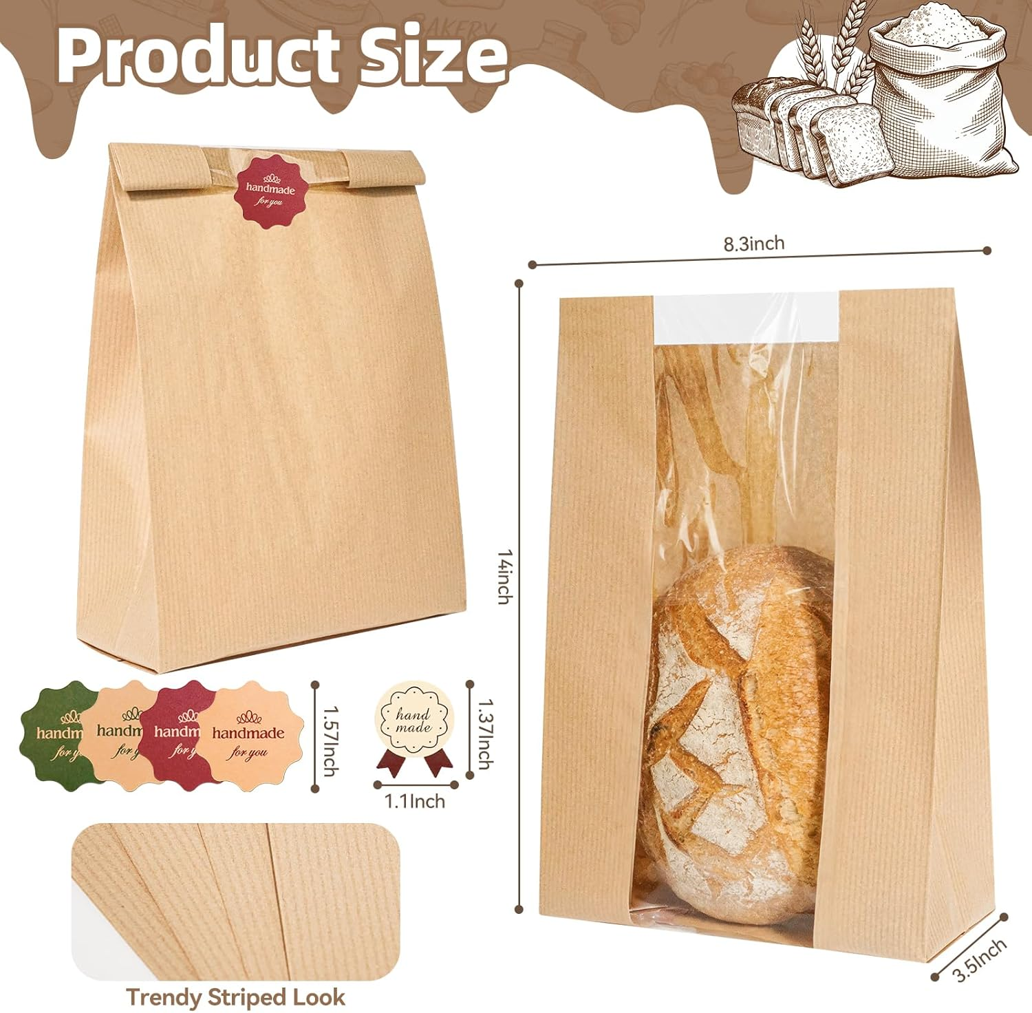 60 Pcs Paper Bread Loaf Bag Kraft Food Packaging Storage Bakery Toast Bag with Front Window, Label Seal Sticker Included (Style-1) image number 6