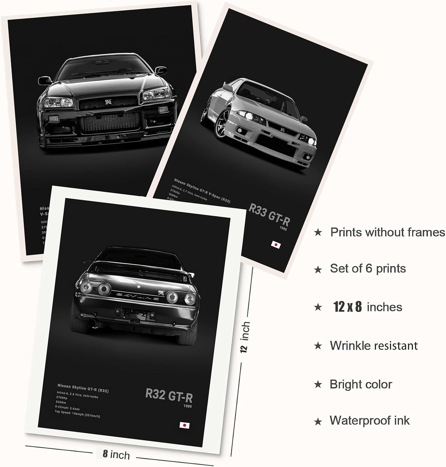 XUPUE JDM Racing Car Art Posters - Japanese Wall Art Prints for Boy'S Bedroom & Living Room Set of 6, Unframe Style 8X12Inch(20X30Cm) (Black)