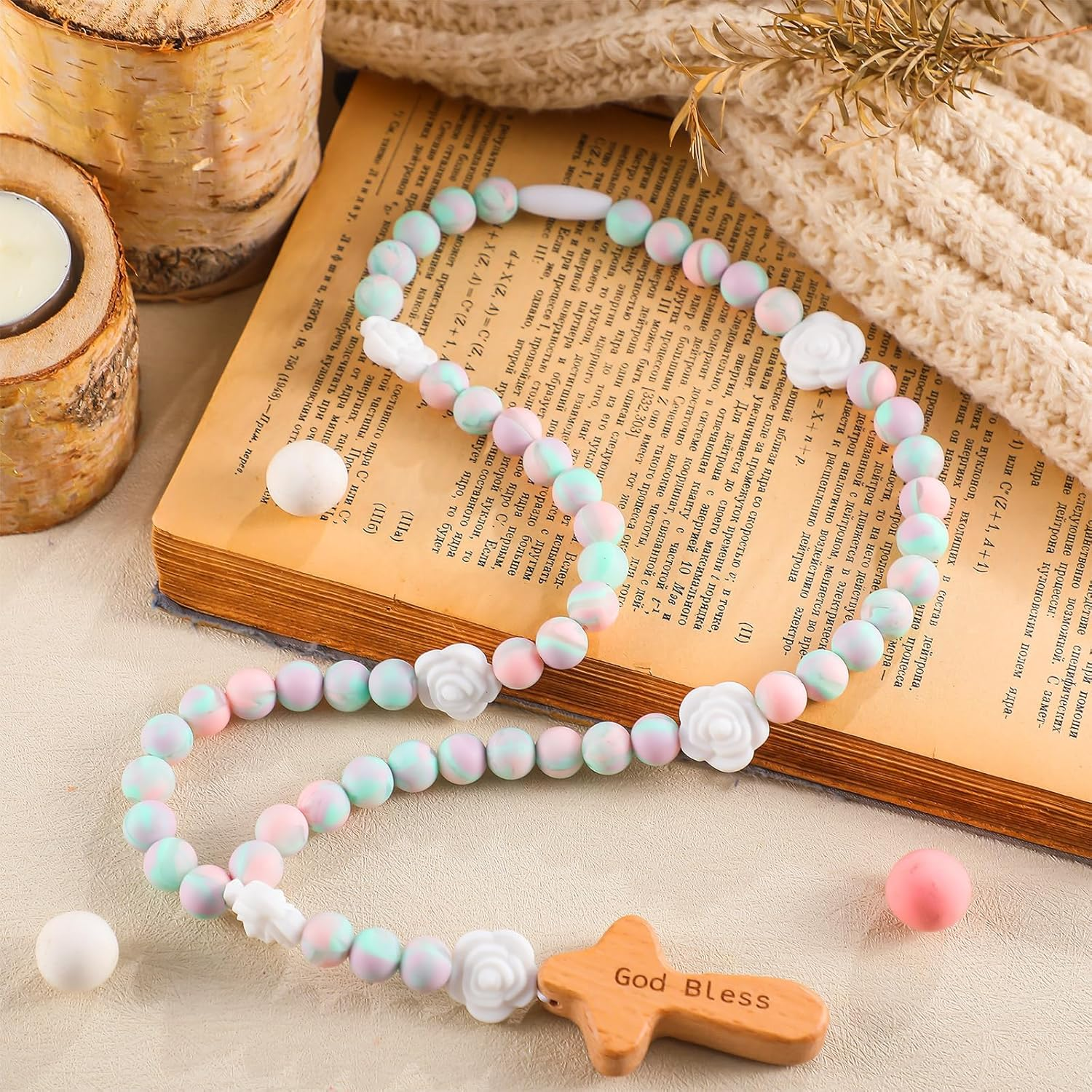 Misdary Baby Rosary Baptism Gift Silicone God Bless Kids First Rosary with Cross 1St Year Baptism Party Supply for Baby Shower Christian Communion Gifts (Multicolor,Square)