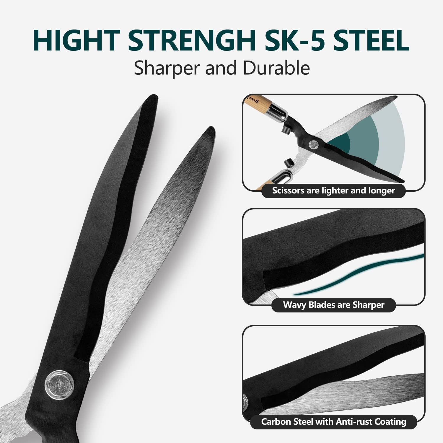 Berry&Bird Garden Hedge Shears, 50.5Cm/19.88In Heavy Duty Pruning Shear for Trimming Borders Bushes, Manual Hedge Clippers with Wooden Handle and SK5 High Carbon Steel Sharp Blades Gardening Scissors