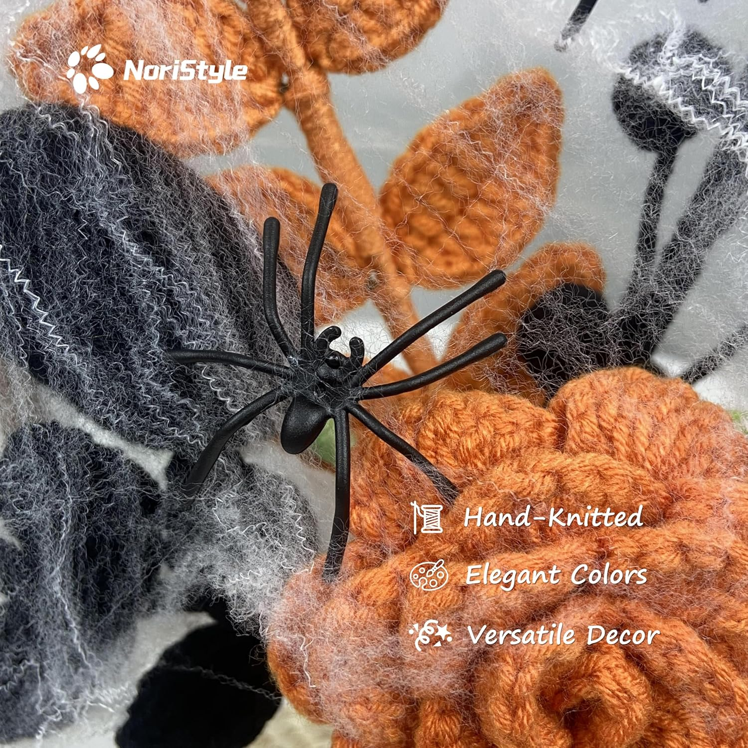 Noristyle Halloween Bouquet Crochet Flowers with Vase for Halloween Decorations Indoor, Black Orange Handmade Crochet Flowers for Home Office Desk Decor Table Centerpiece (Black) image number 6