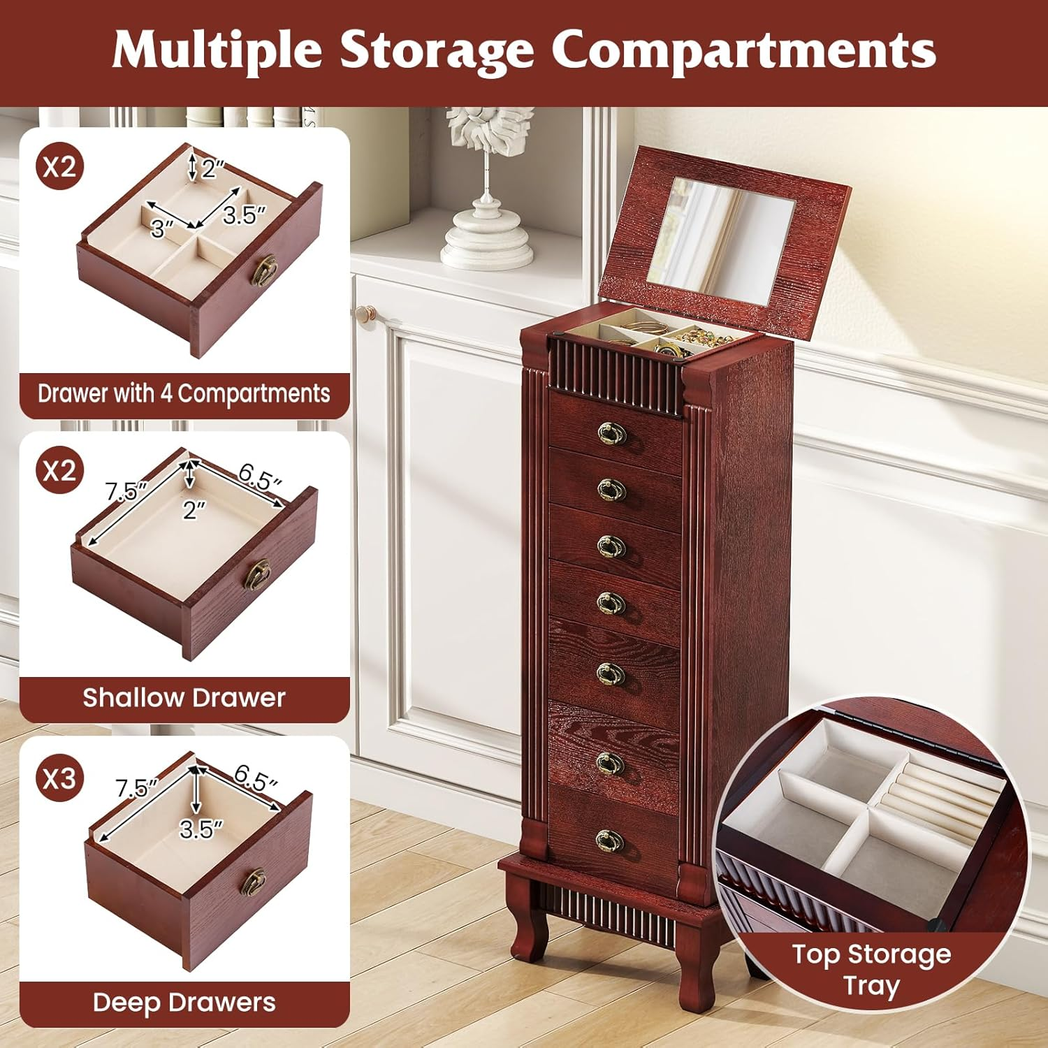 Giantex Standing Jewelry Cabinet with 7 Drawers, Flip-Top Mirror, 2 Side Doors with 12 Necklace Hooks, Divided Ring Compartments, Velvet-Lined Jewelry Armoire Organizer Chest (Cherry) image number 5