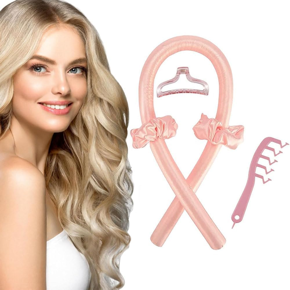 Heatless Curling Rod Headband, Silk Overnight Styling Kit for Long and Medium Curls, Women Heatless Curls with Hair Claw Clip, DIY Hair Rollers Styling Tool for Sleep in Overnight (Pink) image number 4