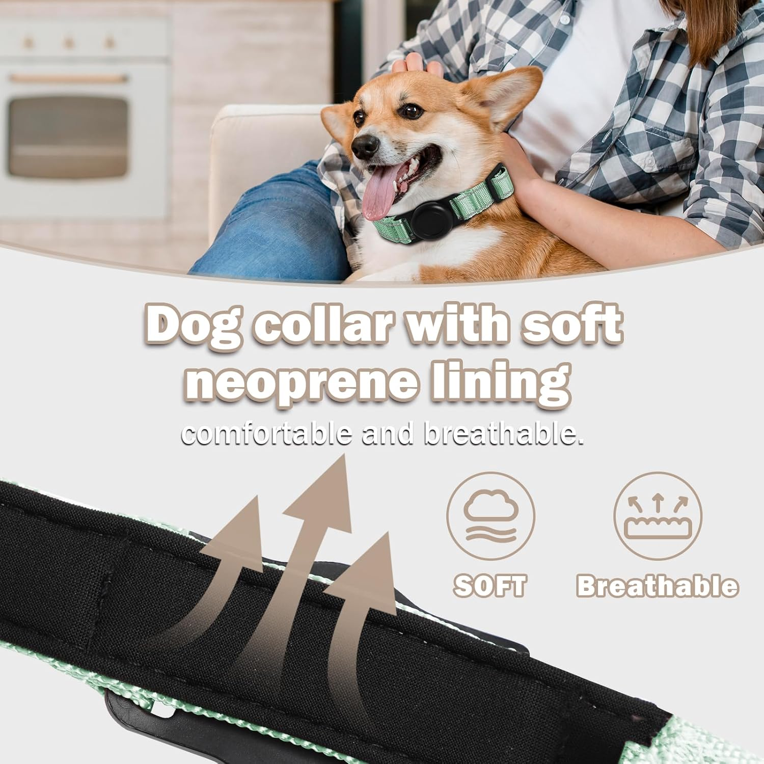Enbluy Reflective Dog Collar, Soft Neoprene Padded Breathable Nylon Pet Collar Adjustable with Airtag Dog Waterproof Airtag Dog Collar Holder for Medium Large Dogs (Green, L) image number 3
