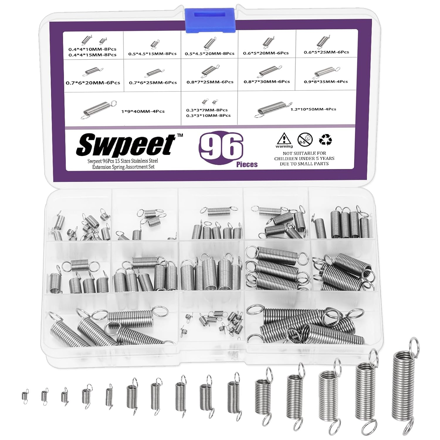Swpeet 96Pcs 15 Different Sizes Stainless Steel Extension Spring with a Dual Hook Assortment Kit, Mechanical Extension Springs Small Spring for Home Repairs image number 2