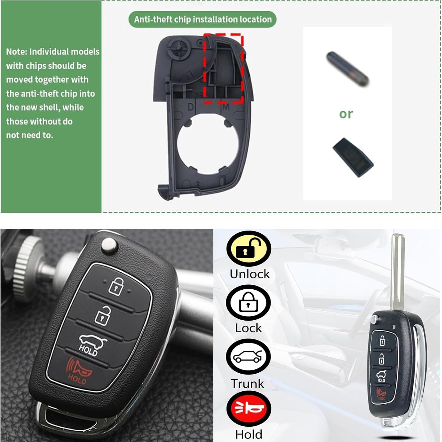 Key Fob Case 4 Buttons Car Key Shell Replacement for Hyundai Sonata Santa Fe Sport 2020 2019 2018 2017 2016 2015 2014 2013 Keyless Entry Remote Control Folding Flip Car Key Fob Cover Shell image number 3