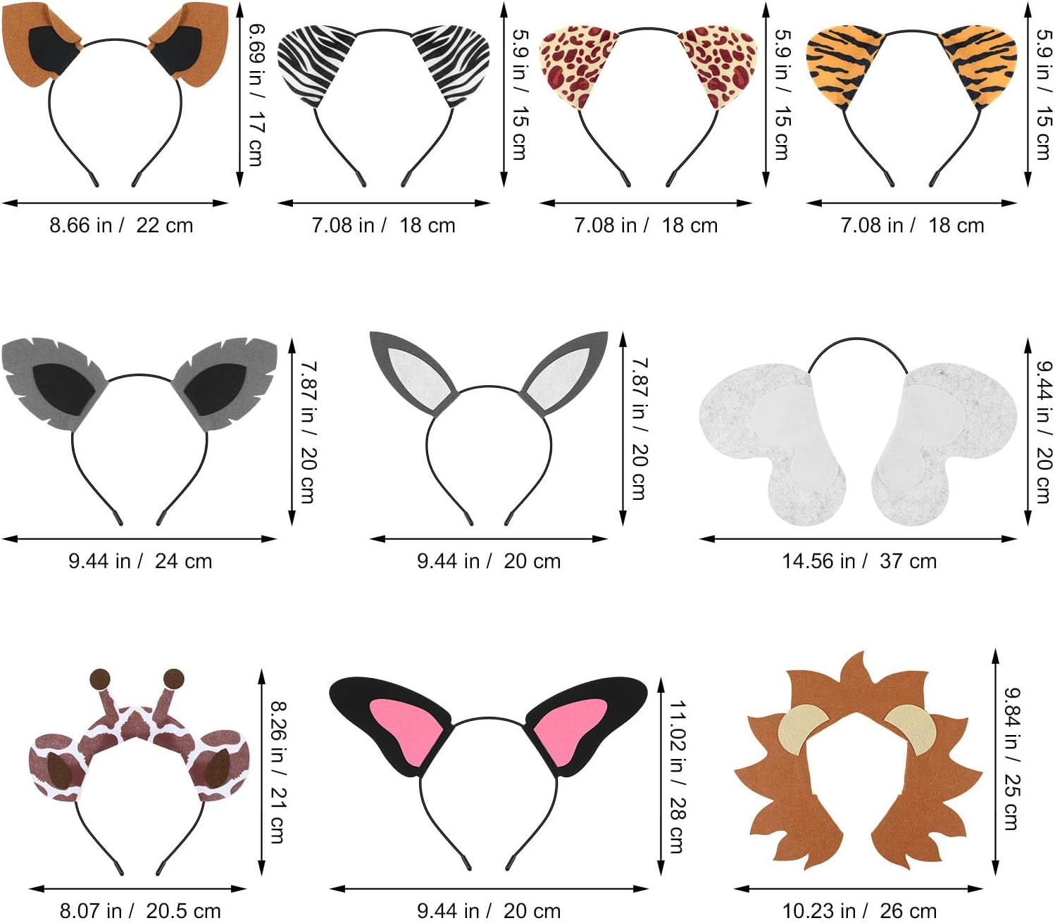 Abaodam 10Pcs Jungle Animal Ears Headbands for Kids Adults - Animal Headdress Decors Animal Hair Hoop for Animal Cosplay Party Supply Stage Performance