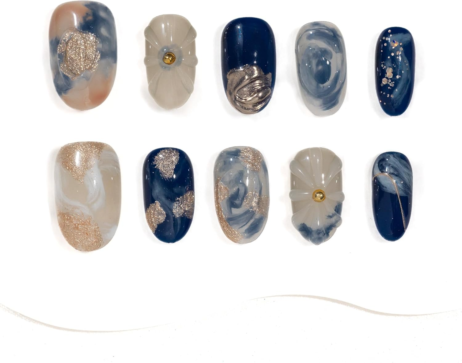 Sun&Beam Nails Handmade Press-On Medium Almond Blue Gold Ombre Gradation Flower Design Fashion False Nail Tips 10 Pcs Set (#287 XS)