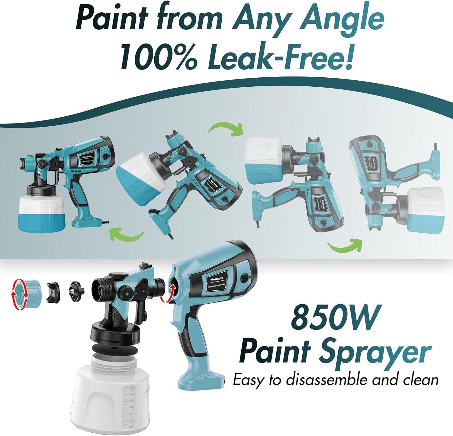 MORENDA 850W Handheld Electric Paint Spray Gun, 1400Ml Portable Home HVLP Spray Paint Machine with 3 Copper Nozzle Sizes and 3 Spray Patterns for Car, Furniture, Wall Cabinet, Fence, Door (Blue) image number 6