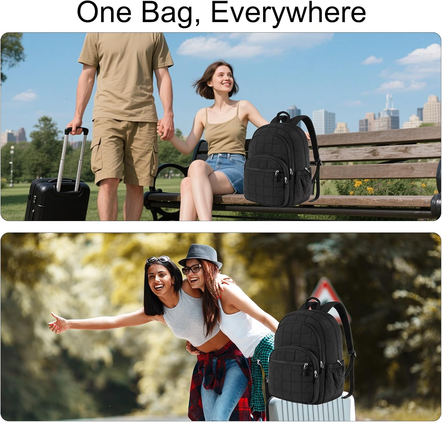 Seyfocnia Laptop Backpack for Women, 15.6 Inch Quilted Travel Backpack, Water-Resistant Casual Lightweight Daypack for Work Business Computer, Black image number 3