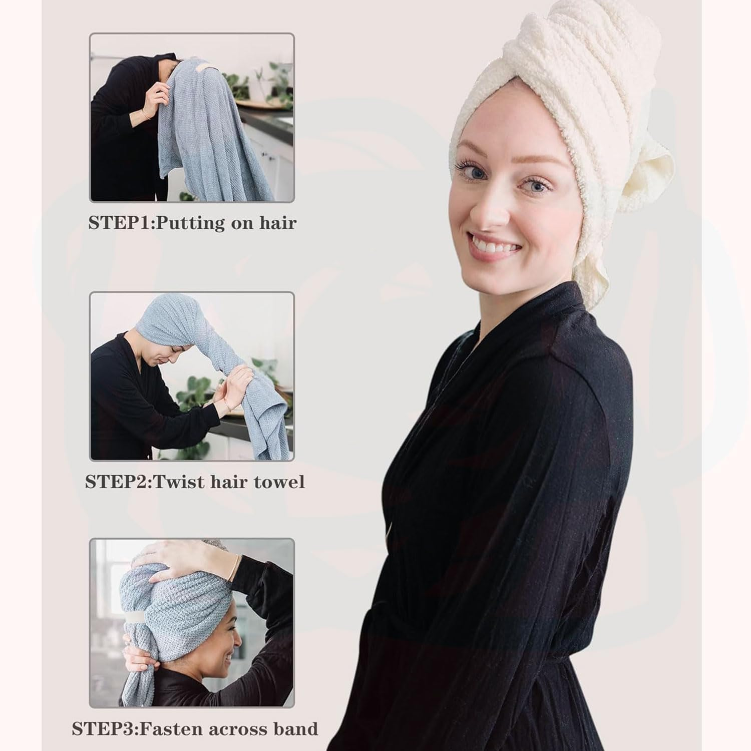 YIRANJIA 3-Pack Large Microfiber Hair Towels for Women - Super Absorbent Quick-Dry Turbans for All Hair Types (Blue/White, 27.5''&times;39.4'') image number 3